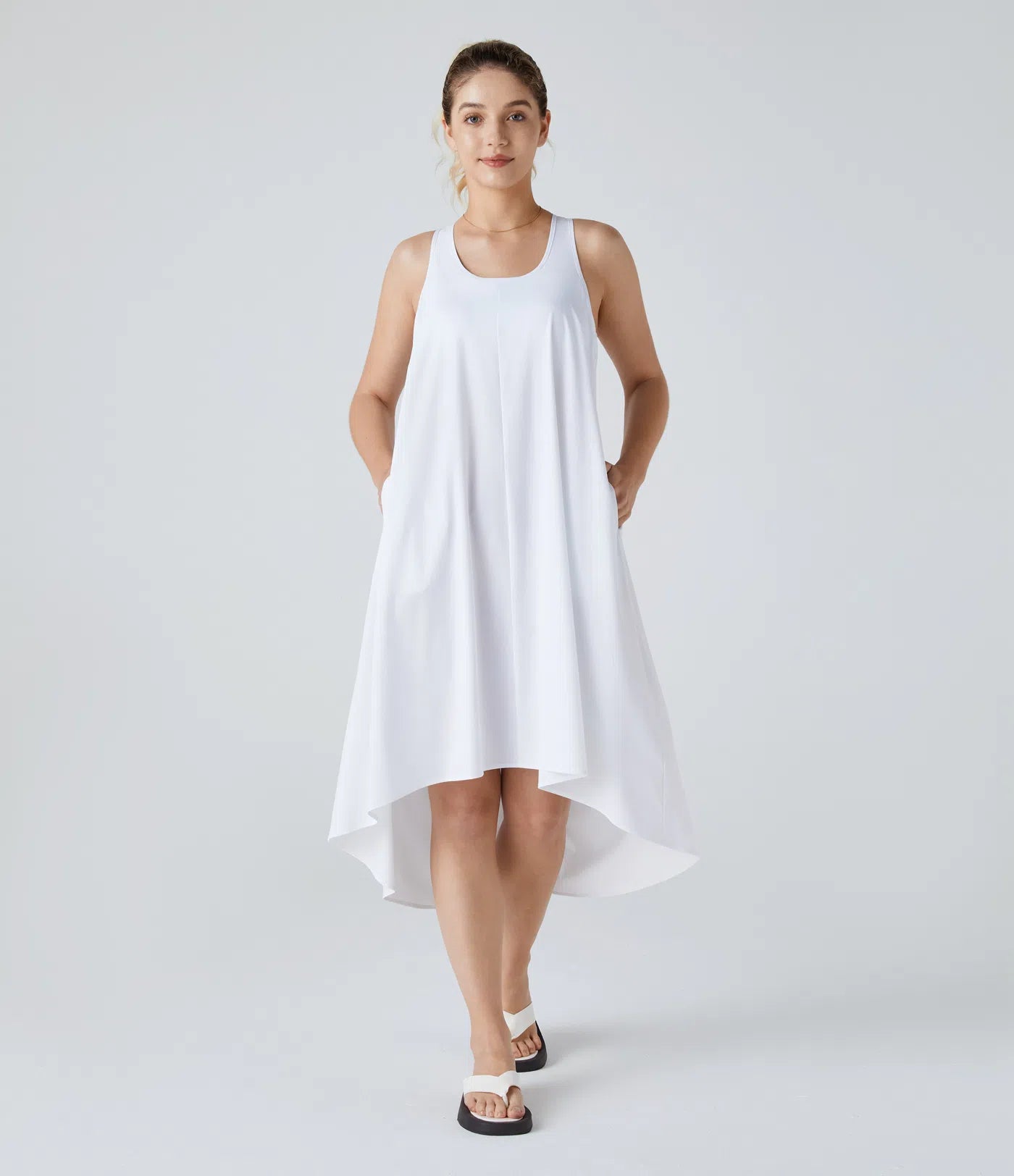 Backless Racerback Side Pocket High Low Flowy Midi Quick Dry Casual Dress