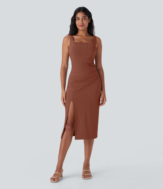 Softlyzero™ Airy Square Neck Backless Corset Ruched Split Bodycon Midi Cool Touch Bridesmaid and Wedding Guest Dress-D/DD/DDD/F Cups