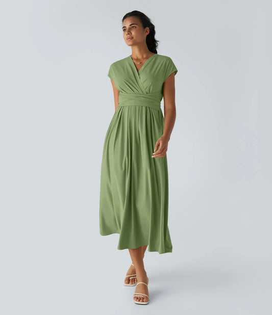 V Neck Short Sleeve Side Pocket Tie Back Quick Dry Midi Casual Dress