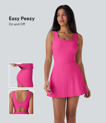 Airy Backless Crisscross U Neck 2-in-1 Side Pocket Mini Cool Touch Dance Active Dress-Easy Peezy