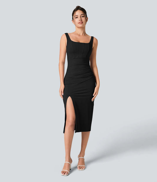Airy Square Neck Backless Corset Ruched Split Bodycon Midi Cool Touch Bridesmaid and Wedding Guest Dress