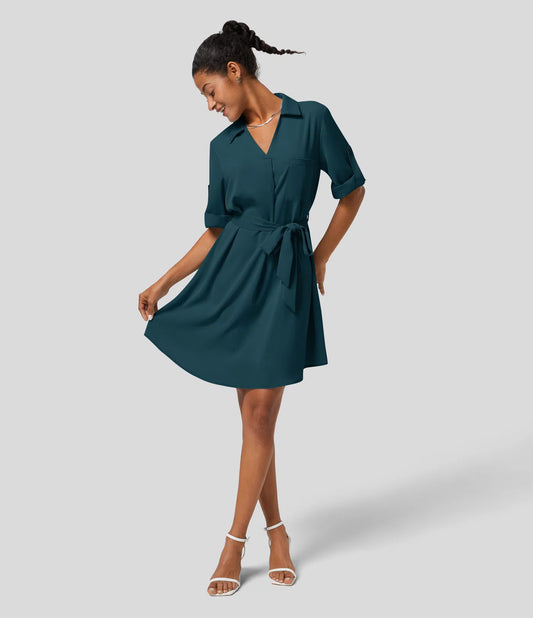 Collared Roll Up Sleeve Belted Relaxed Work Shirt Dress
