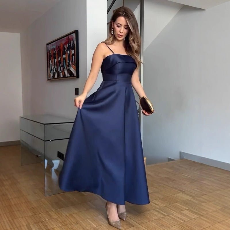 2025 summer new style sea blue deep noble and elegant sleeveless backless tube top dress