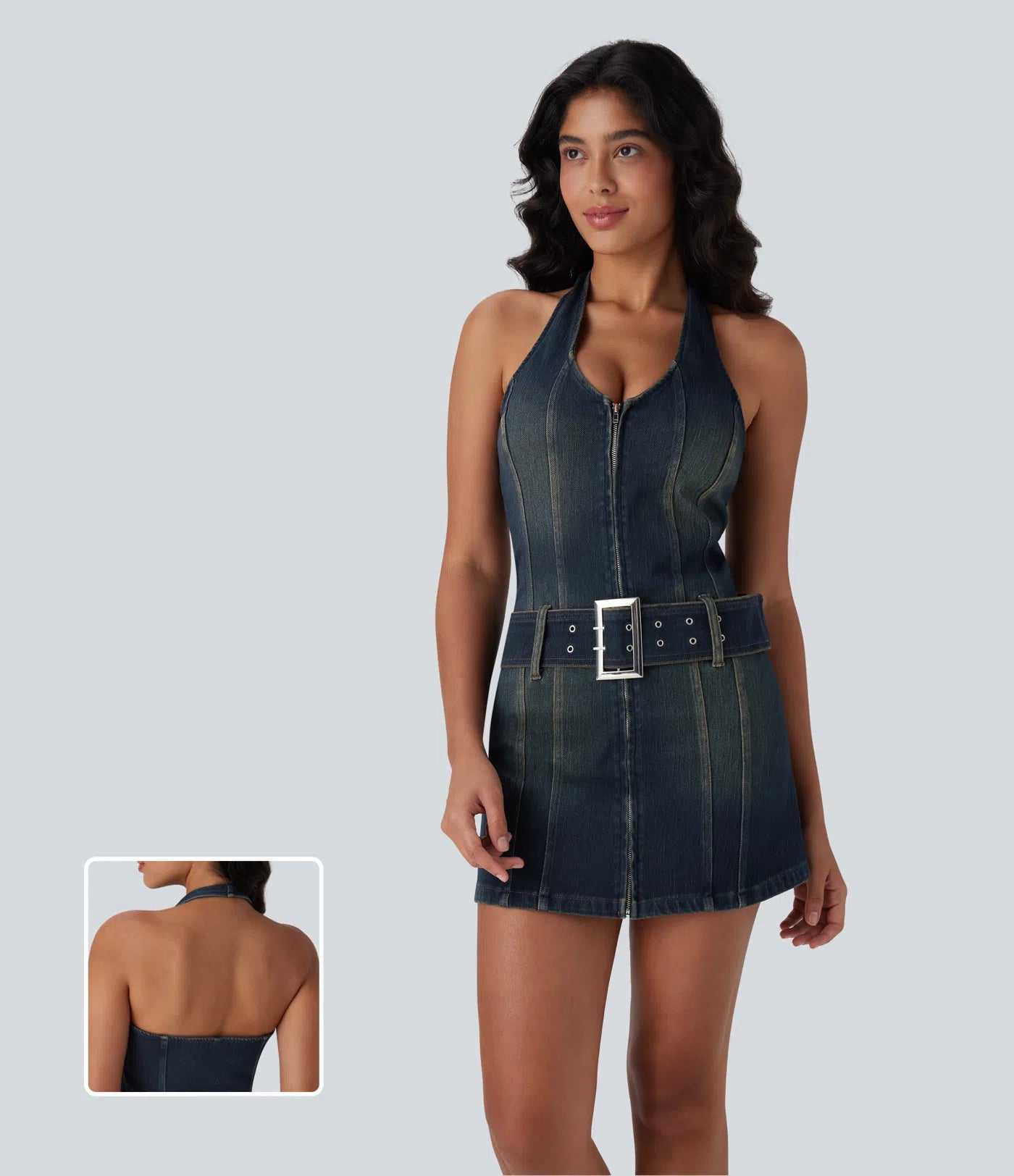 Backless Halter Zipper Belted Bodycon Mini Washed Stretchy Knit Denim Casual Dress