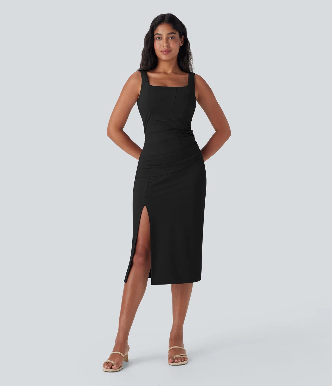 Softlyzero™ Airy Square Neck Backless Corset Ruched Split Bodycon Midi Cool Touch Bridesmaid and Wedding Guest Dress-D/DD/DDD/F Cups