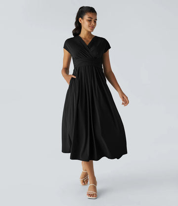 V Neck Short Sleeve Side Pocket Tie Back Quick Dry Midi Casual Dress