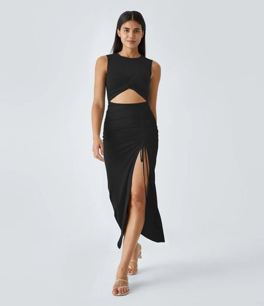 Round Neck Twisted Cut Out Ruched Drawstring Split Hem Bodycon Maxi Casual Dress