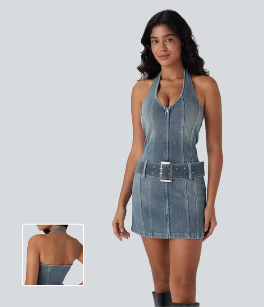 Backless Halter Zipper Belted Bodycon Mini Washed Stretchy Knit Denim Casual Dress