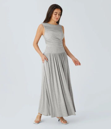 Ribbed Boat Neck Asymmetric Strap Ruched Side Pocket Flowy Maxi Casual Dress