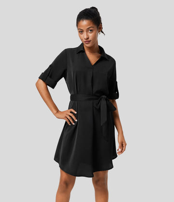 Collared Roll Up Sleeve Belted Relaxed Work Shirt Dress
