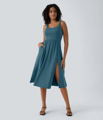 Padded Backless Twisted Split Midi Casual Dress