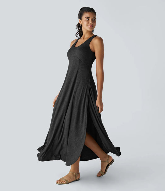 U Neck Backless Split Flowy Maxi Casual Tank Dress