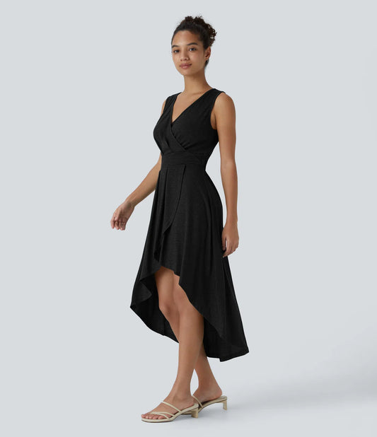 Deep V Neck Sleeveless High Low Crossover Hem Flowy Midi Casual Dress