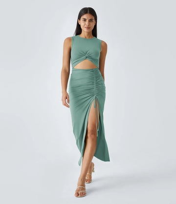 Round Neck Twisted Cut Out Ruched Drawstring Split Hem Bodycon Maxi Casual Dress