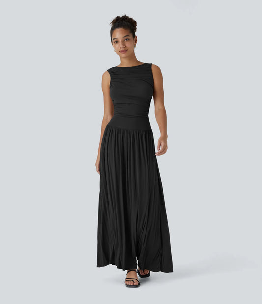 Ribbed Boat Neck Asymmetric Strap Ruched Side Pocket Flowy Maxi Casual Dress