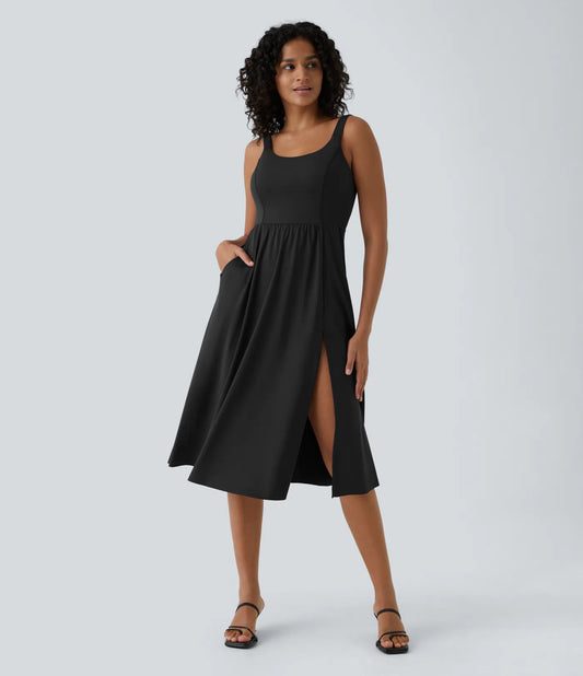 Padded Backless Twisted Split Midi Casual Dress