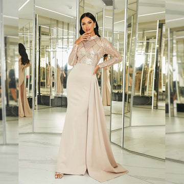 Long sequined round neck banquet evening dress bridesmaid dress