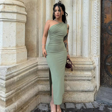 New style oblique shoulder solid color slit sleeveless party dress
