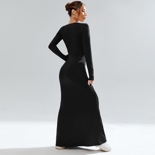 Women's square collar black knitted long sleeve bodycone long dress party dress